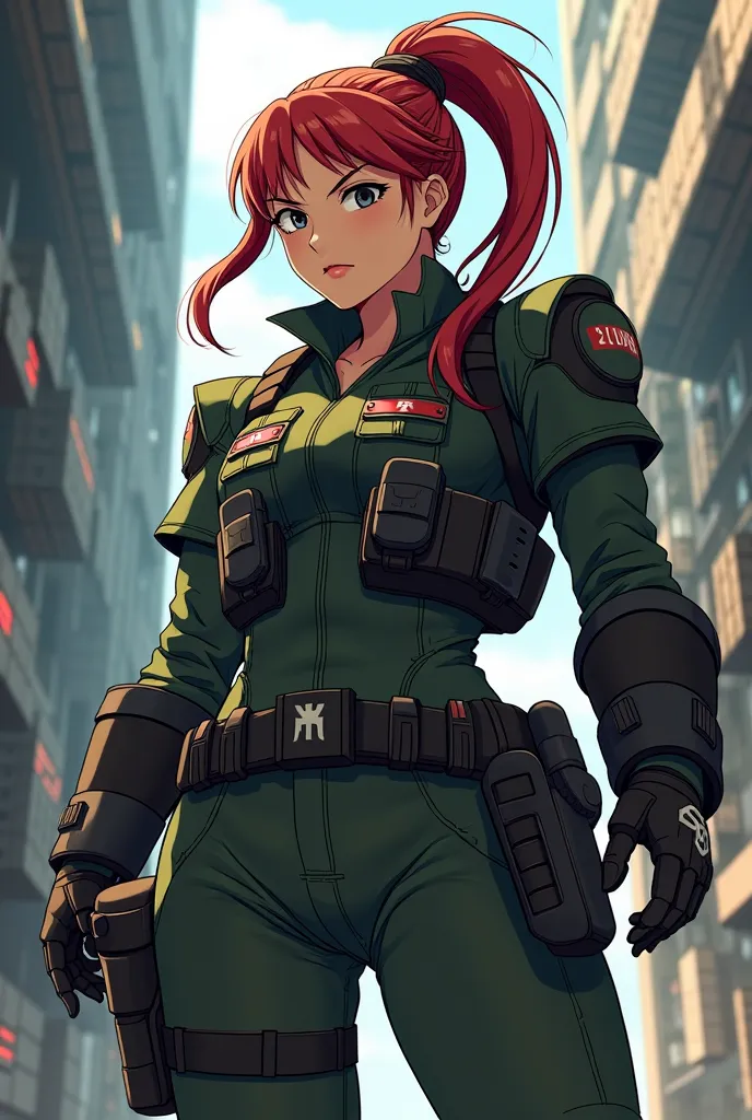 create a united colonial marines corps chinese soldier, long hair red and wearing a bandana. anime style