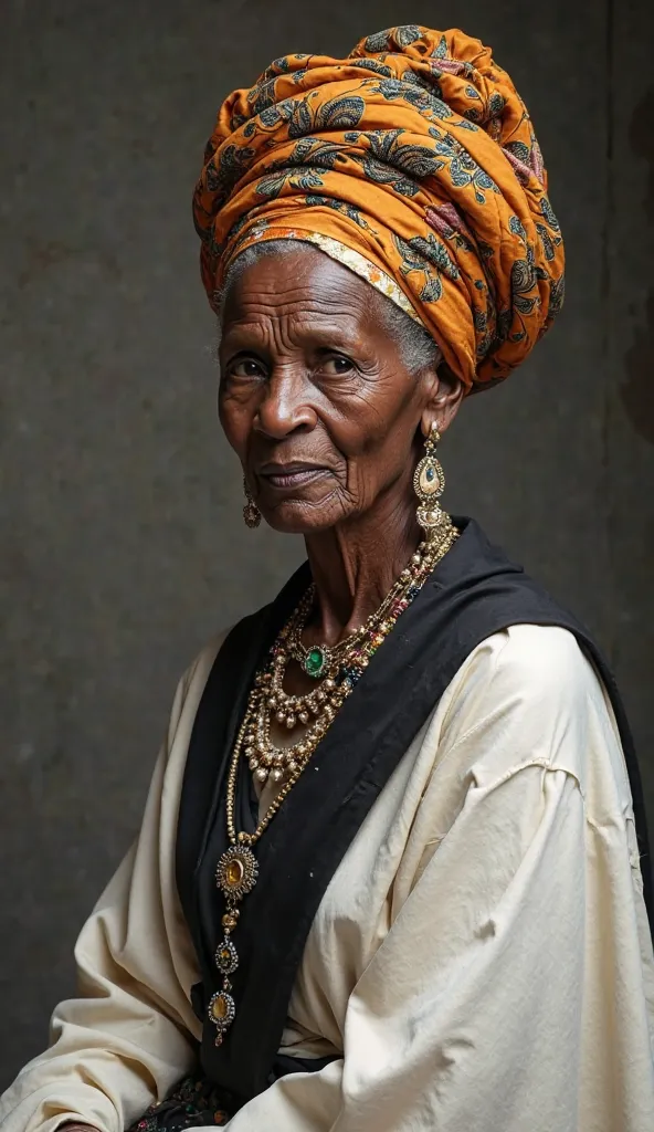  A  African woman 90 years old, dress color white and black,and turban a head, jewelry a head in throat, a behind normal place , get full dress,