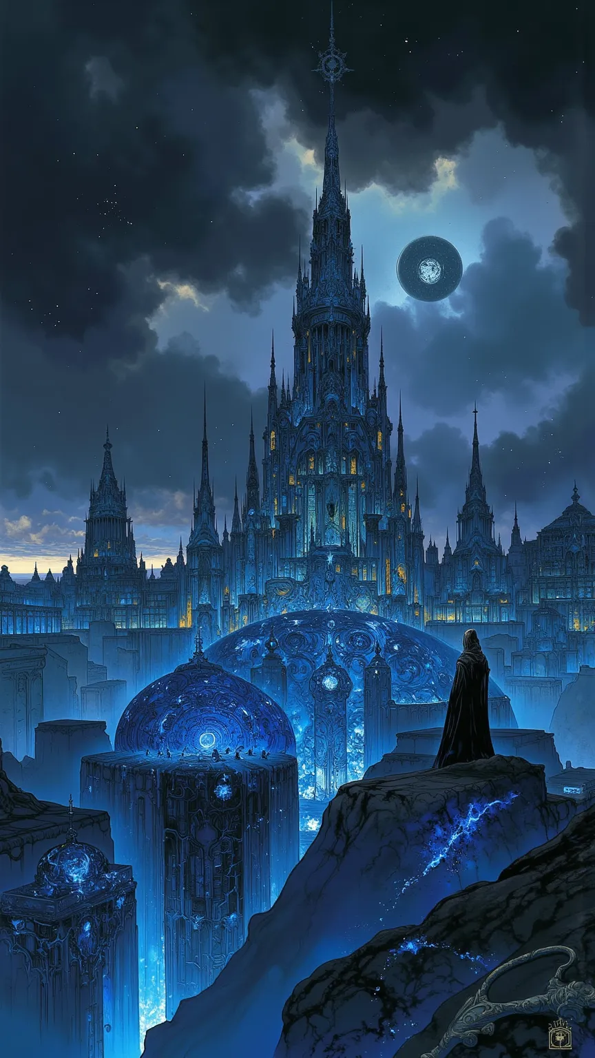 The Library of Lirion – A Gateway to the Forbidden

📍 Shot Composition:

Angle: Over-the-shoulder shot of Mideade, looking into the swirling darkness of the obsidian sphere.

Lighting: Low and atmospheric, with golden candlelight flickering against dark oa...