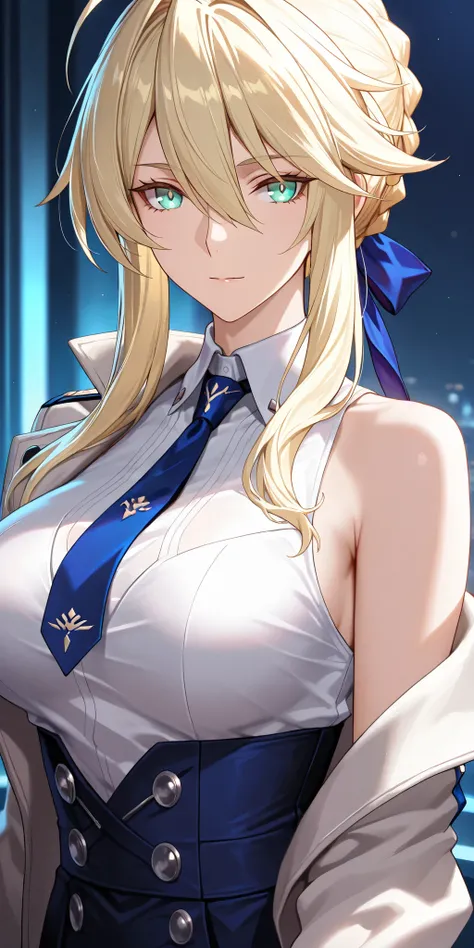 Masterpiece, very aesthetic, vibrant, high contrast, elegant mature woman, artoria pendragon (lancer) (fate), upper body, sleeveless collared shirt, off shoulder jacket, tie, soft light, best quality, honkai: star rail cg style