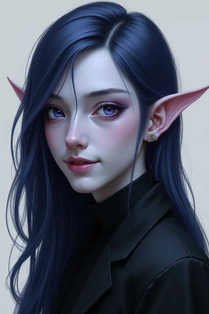 A young drow male(Long straight dark-blue-violet hair, silvery grey skin, soft,  blue-violet eyes, dark outfit, DnD character, smile) Head to shoulder portrait. Simple painting.