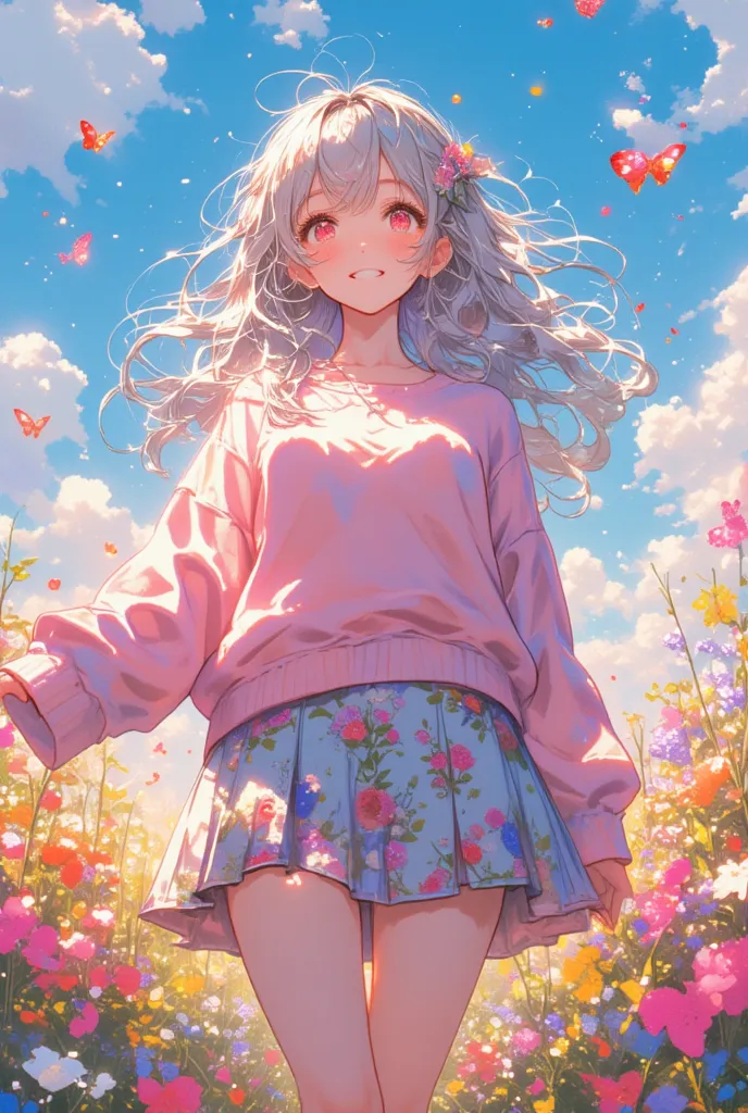 masterpiece, high score, great score, absurdres, painterly, vivid colors,1girl, mature,long wavy hair, light gray hair,(hair bow), forehead visible,red eyes,red lips,holding a red heart balloon with left hand,soft pink sweater with floral print,(short skir...