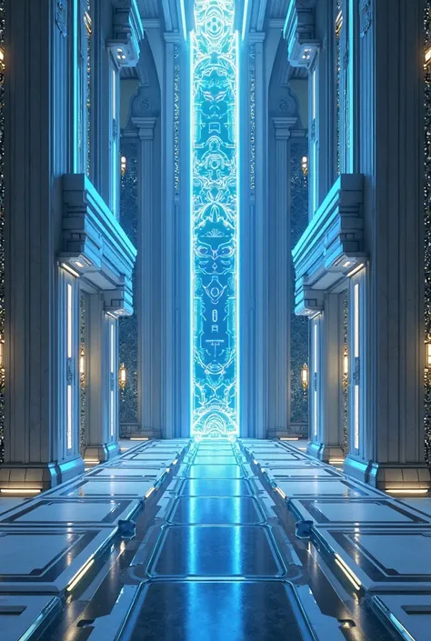 Crea un fondo de un salón futurist de un palacio muy elegante, futurist, with blue and white LED lights with the visible text illuminated at the top, What does ? " ". 