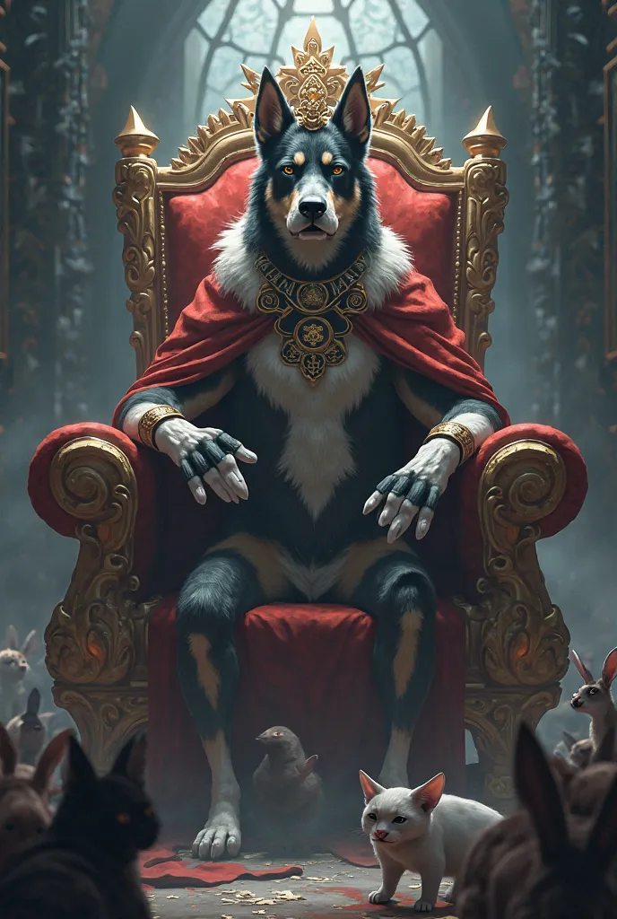 Create a anime image like human draw of a dog wearing a crown and sitting on the chair and he looks really powerful, scarymake other animals begging in scared emotions, really in fear