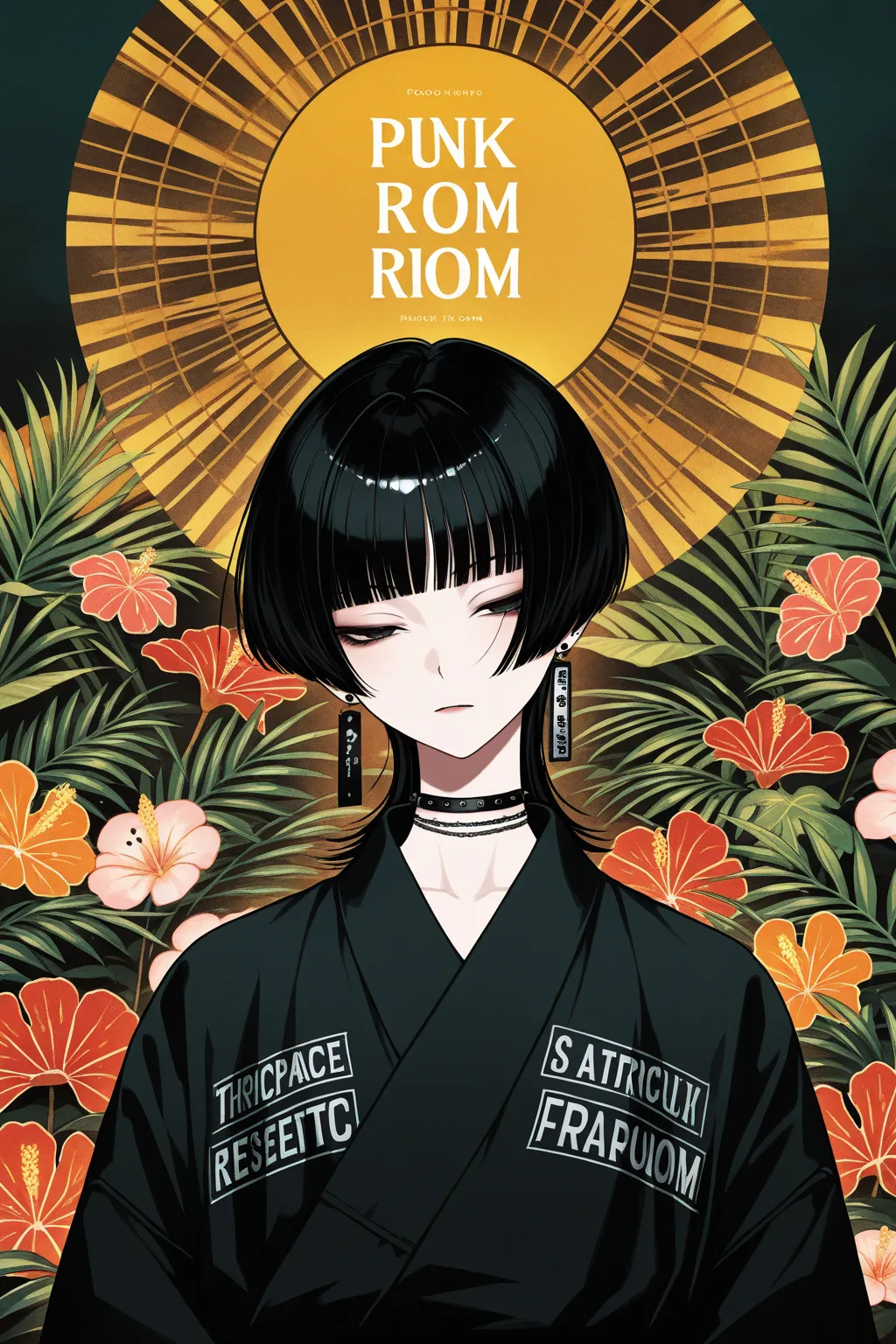 punk, cool beauty, solo woman, black hair, slender body, half-closed eyes, rest, Japanese exotic fashion, tropical motif room, geometric movie poster, 