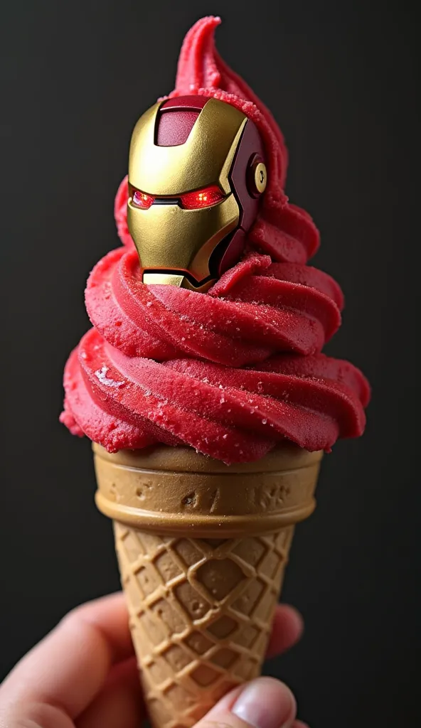 A red and gold ice cream scoop inspired by Iron Man, with metallic details and a small glowing arc reactor in the center made of crystallized sugar. The cone has a futuristic effect with technological lines.