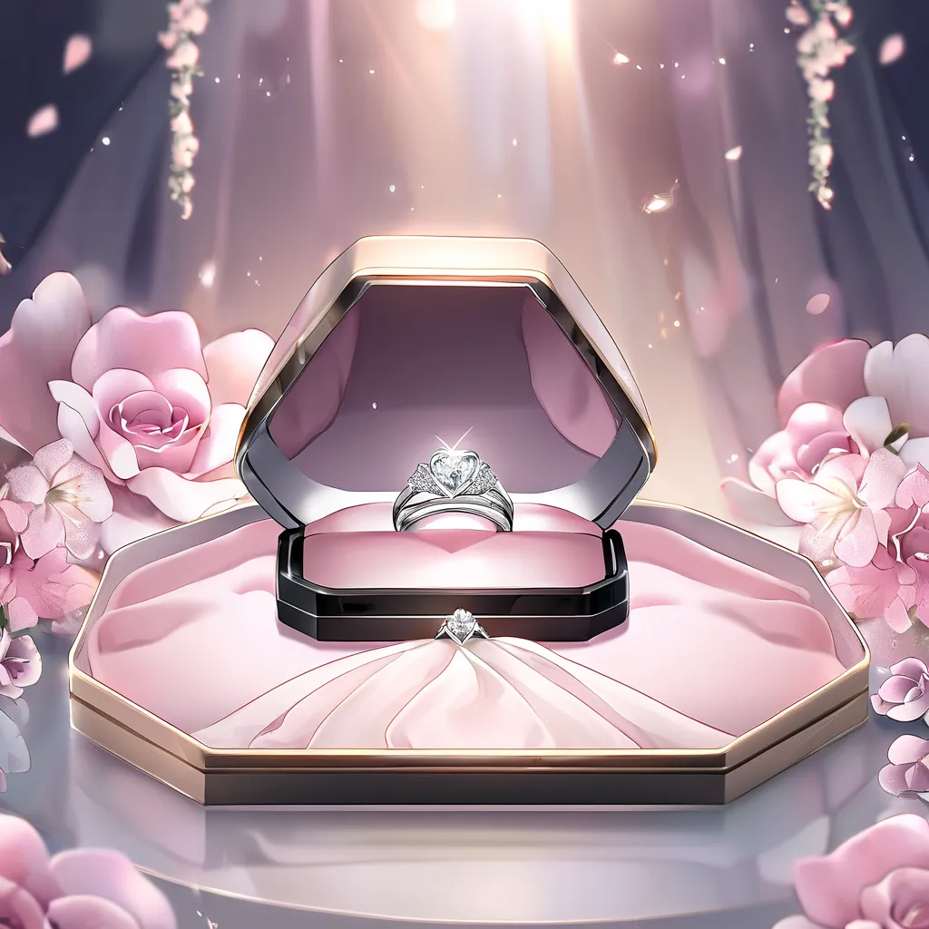 「A luxurious wedding ring Please draw a scene where it is beautifully displayed。The ring is made of platinum、A diamond shines in the center。The ring reflects soft light and an elegant shadow falls around。The case is a black jewelry box with a silk lining、h...