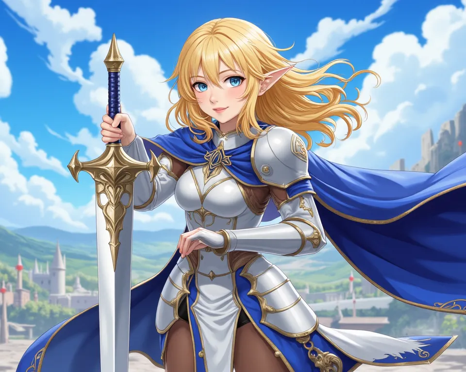 A beautiful and elegant knight with blond hair and blue eyes, wearing shimmering armor with gold and royal blue details. Her expression is determined and noble, Imparting Courage and Leadership. She holds a magnificent sword,  with a subtle magical glow , ...