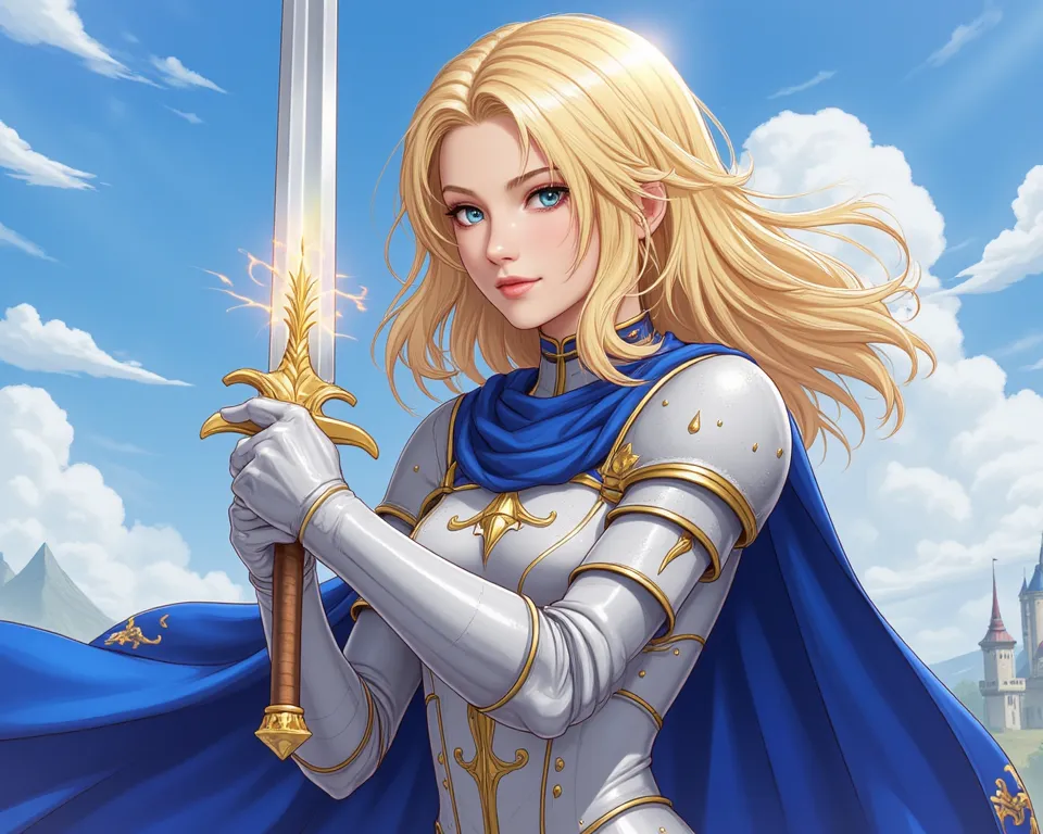 A beautiful and elegant knight with blond hair and blue eyes, wearing shimmering armor with gold and royal blue details. Her expression is determined and noble, Imparting Courage and Leadership. She holds a magnificent sword,  with a subtle magical glow , ...