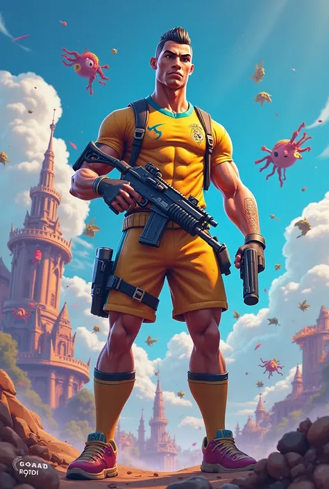 Cristiano Ronaldo in Fortnite style with guns and pistols 