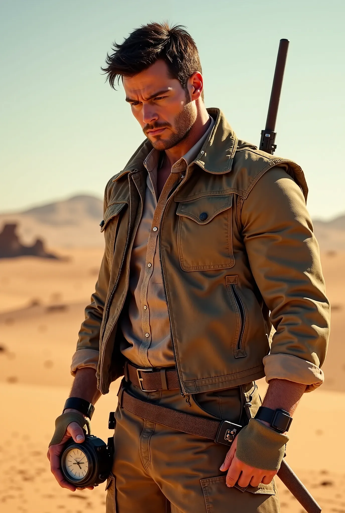 Ser looking with the name FLANKES,Wide shouldered,brunette handsome man, looking at the clock in the desert