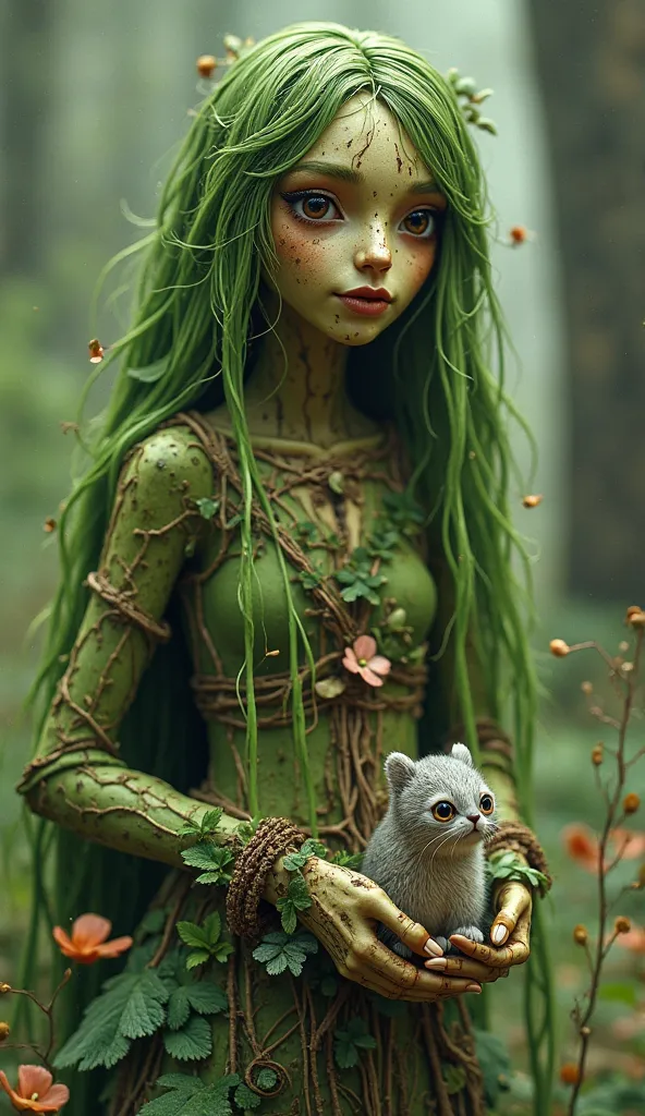 

```
「A wooden monster personified as a guardian of the forest。her long green hair is made of leaves、The skin is flesh-colored and smooth。The eyes are deep brown、It makes you feel kindness and wisdom。she wears a natural costume、she wears a dress decorated...