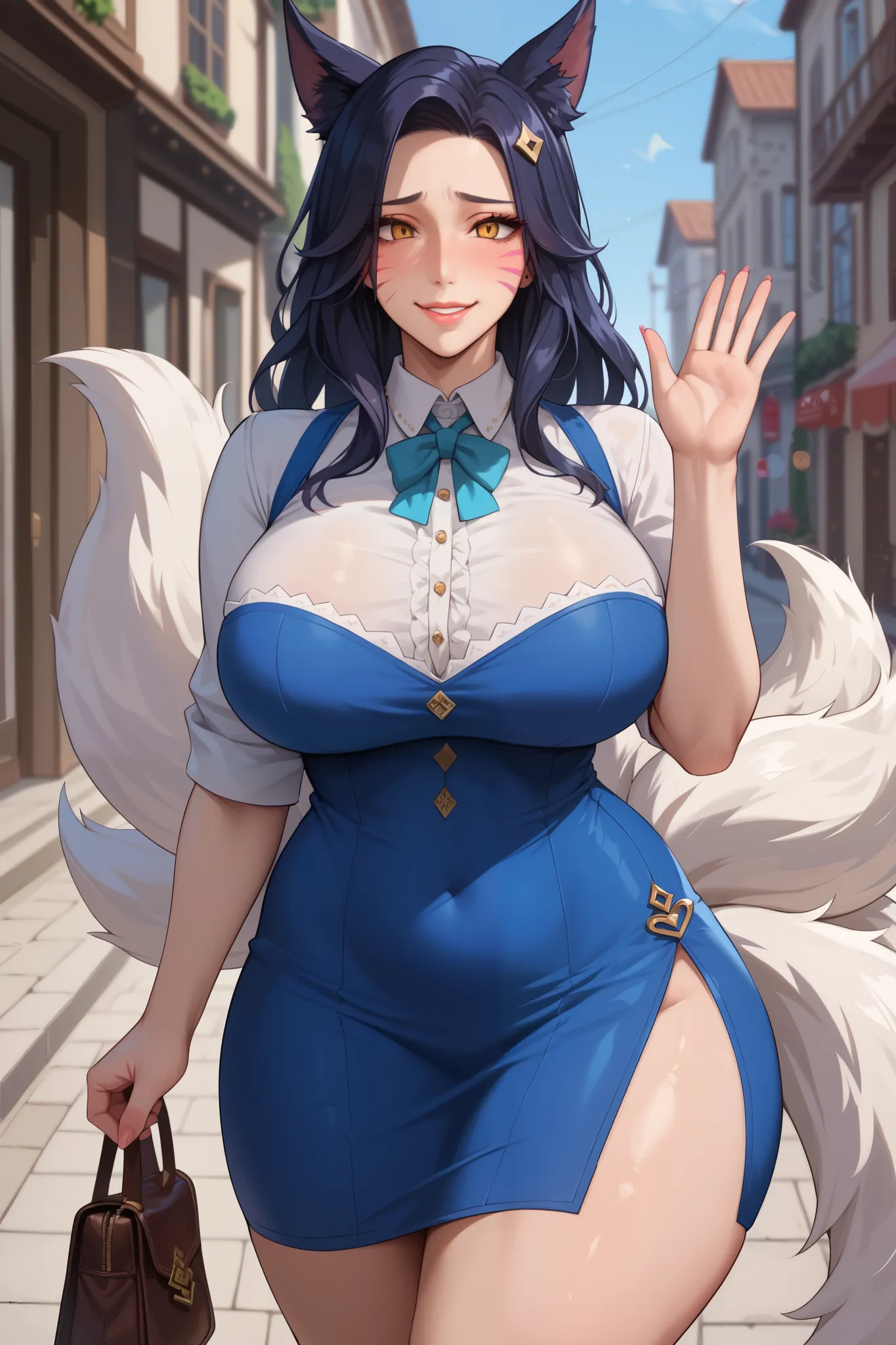 Score_9, Score_8_up, Score_7_up, Score_6_up, Score_5_up, Score_4_up, Tag1, Tag2, Quality_masterpiece, Busty, wear blue knitted dress and blue long skirt, Ahri alike, Anatomically correct, Beautiful face, Perfect face, walking on sidewalk, city, blushing, r...