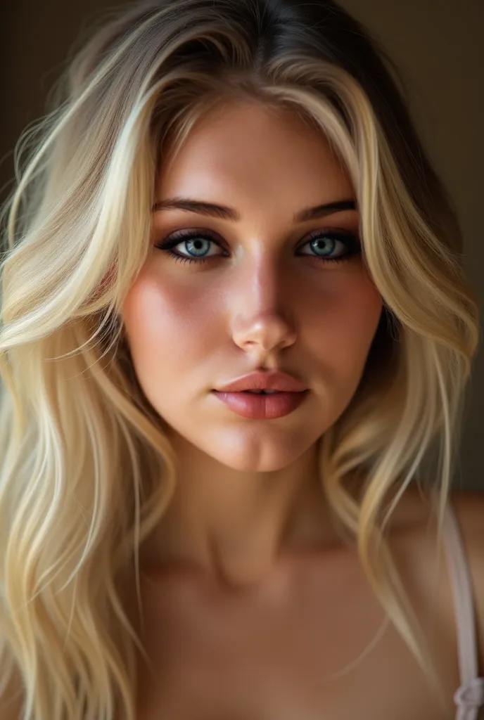 A young and very attractive woman with wavy and long blond hair.  Her eyes are expressive and intense , and her skin has a soft and natural glow. She has full lips and a seductive look,  conveying confidence . The lighting in the image is soft and warm, en...