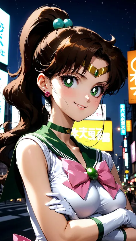 (masterpiece, best quality, very aesthetic, ultra detailed), intriguing details , 4K, aajupiter, brown hair, ponytail, hair bobbles, tiara, earrings, green eyes, green choker, green sailor collar, pink bowtie, white shirt, white leotard, elbow gloves, whit...