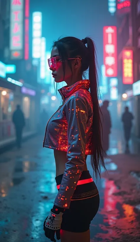 a beautiful woman,  slender and well-proportioned .,  A colorful electronic short jacket .,  Clothing with luminous organs that shine with an electronic circuit pattern.,  Glasses showing a frameless user interface ,  gaming-style helmet ,  and gaming-styl...