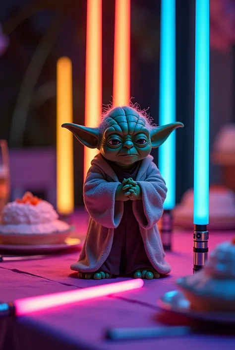 Create a Star Wars-themed birthday table decor: The Adventures of the Young Jedi, using green colors, orange blue and purple neon, with Master Yoda, The lightsabers, let it be simple