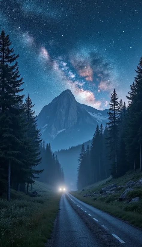 Give me a picture of nature so that it is night and the stars and meteors fill the sky, the galaxy shines beautifully, the mountains are beautiful and the trees and grass are beautiful
Give me a picture of nature so that there is a road and the trees are v...