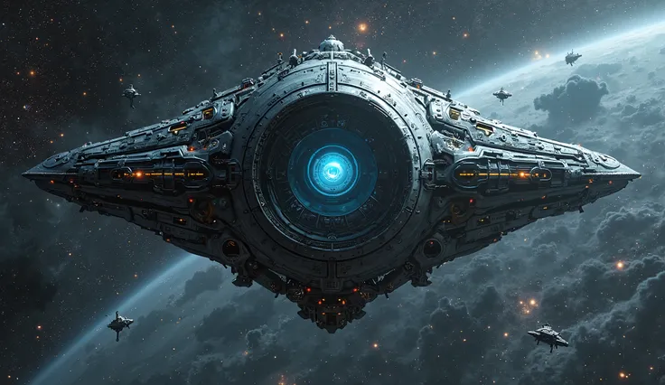 A massive, futuristic alien spaceship floating in deep space, resembling a giant mechanical eye with intricate metallic details. The ship's central core glows with an intense blue energy, resembling an iris. Surrounding the mothership are several smaller, ...