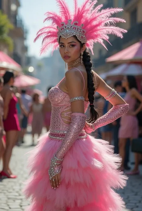 Full body angle of a Korean woman,Black hair tied ponytail with threads ,textured light skin shiny and illuminating, Gloss on sparkles shiny pink and diamond carnival makeup wearing a pink and silver Carnival costume.  It includes a pink feather crown, um ...