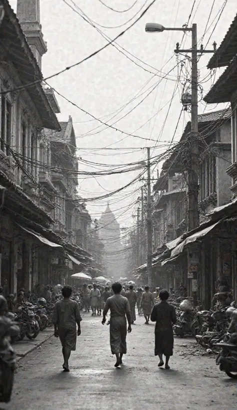 Black-and-white footage of Cambodia before 1975, showing bustling city life