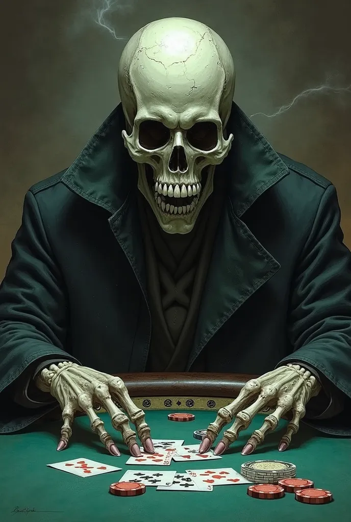 A dark skull playing blackjack