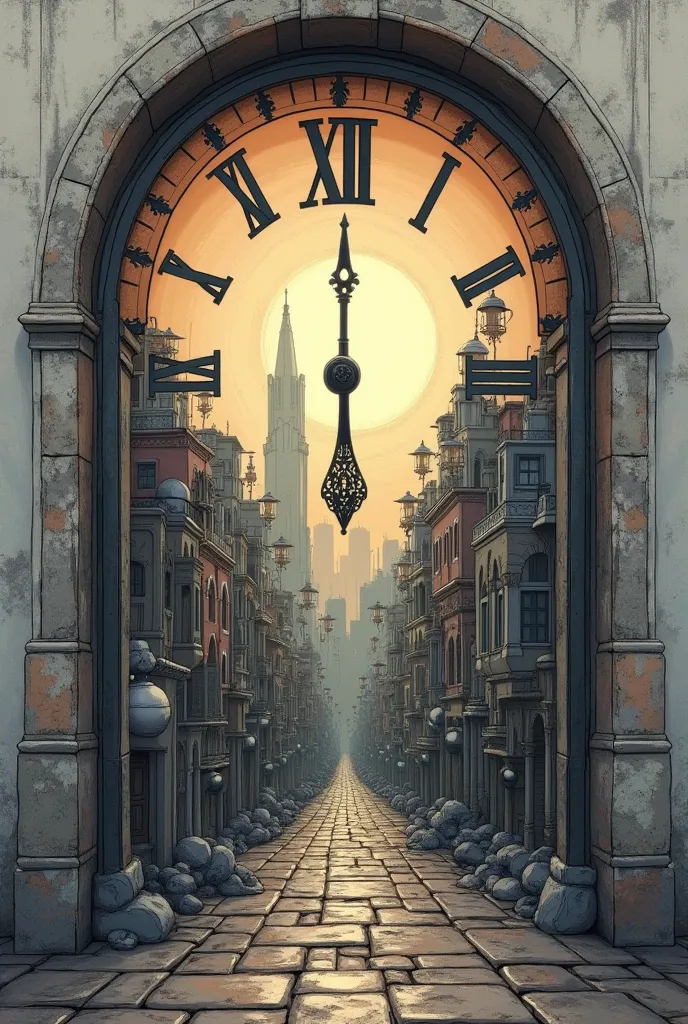 A wall clock that looks like a window and that inside has two equal cities, that they are easy to draw but that you can tell that it is one of the living and the other of the dead, without it being something exaggerated, I want to be able to draw it