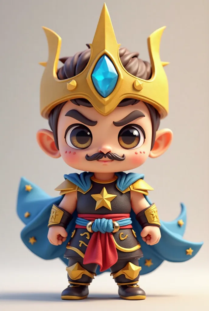 Chibi, cute, 3D style, warrior, standing in a powerful pose, fierce yet adorable expression, neatly trimmed mustache, sharp eyebrows. Intricate designs, golden crown-like headpiece with a tall pointed crest, single blue gemstone, a single flowing blue clot...