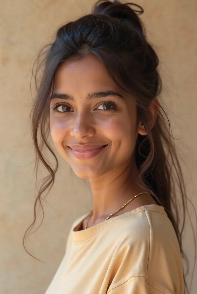 Detailed portrait of a young Indian woman. She has a frame, adds a youthful glow to her skin, Her eyes full of curiosity and, And a smile with dimples. She casually ties her mid-length hair in a ponytail.. She wears a comfortable stylist t-shirt 