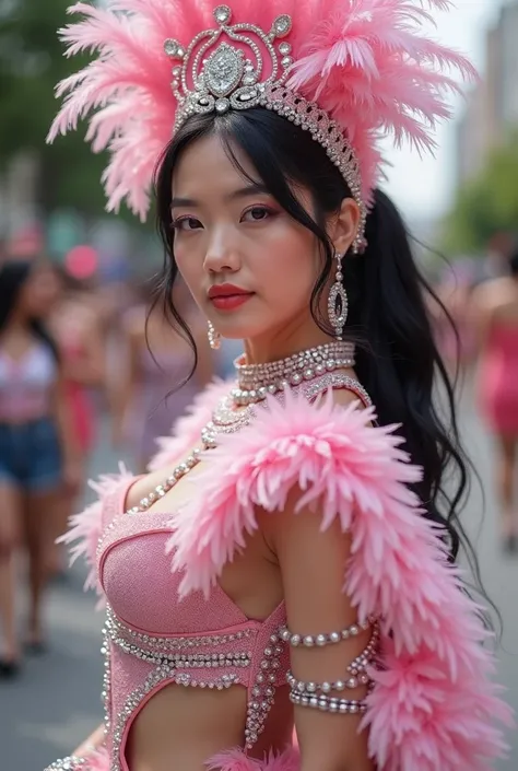  Korean woman,Black hair tied ponytail with threads ,textured light skin shiny and illuminating, Gloss on sparkles shiny pink and diamond carnival makeup wearing a pink and silver Carnival costume.  It includes a pink feather crown, um top, a skirt, bracel...