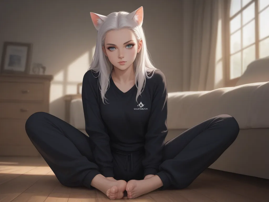  The picture shows a full-length cat girl. girl with long white flowing hair,open-forehead ,  white eyebrows ,  Blue eyes ;  in a very short tight black top and loose sweatpants of the same color.