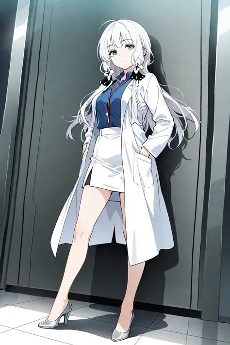  girls on the left、 beauty、cool、 expressionless、cool、 Silver Hair、golden eyes、Wearing a white coat、 skirt、 hair is long、I&#39;m wearing heels、I'm wearing piercings、Researcher、doctor