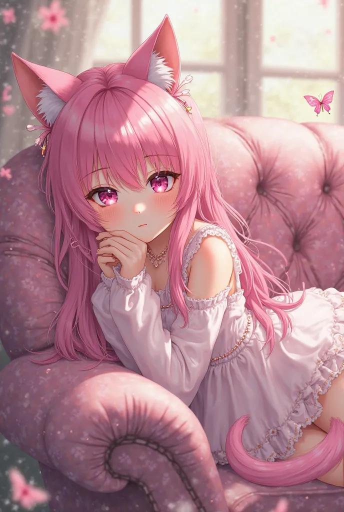 Anime pink hair pink eyes cat girl on the sofa 