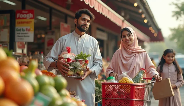 A YouTube thumbnail grocery shopping scene in a super market, featuring a cheerful family (young man, mother, young sister and his wife in Pakistani dress, holding so many shopping bags and shopping carts filled with groceries) standing outside of super ma...