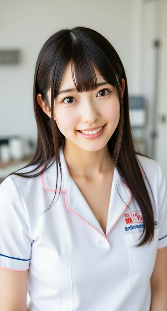 Super high resolution, super high quality smartphone selfie photos. A beautiful Japanese woman wearing nurse's clothes and smiling kindly in a hospital examination room.