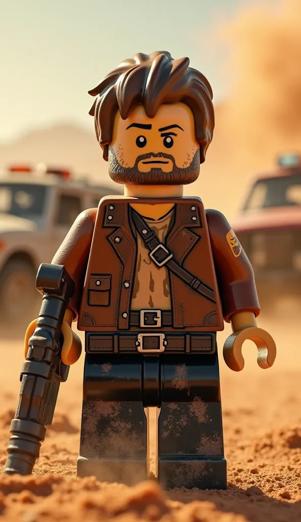 Crie uma LEGO minifigure do Max Rockatansky, inspired by the movie Mad Max: Fury Road.

Max must have a post-apocalyptic look, with fair skin (Light beige head and arms), messy short hair and an unfinished beard.

 He wears a distressed brown leather jacke...