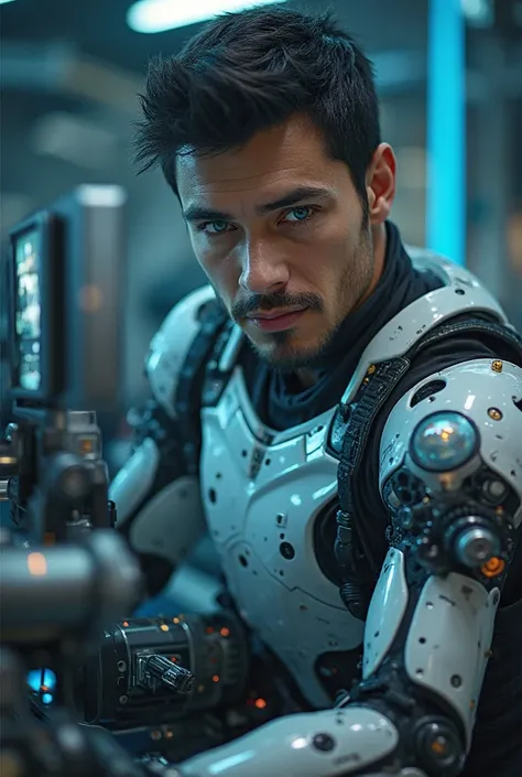 Charismatic, handsome, strong-bodied American man with dark hair, blue eyes, angular face. He wears a robotics engineer uniform. tests technological equipment. cinematic science fiction poster.