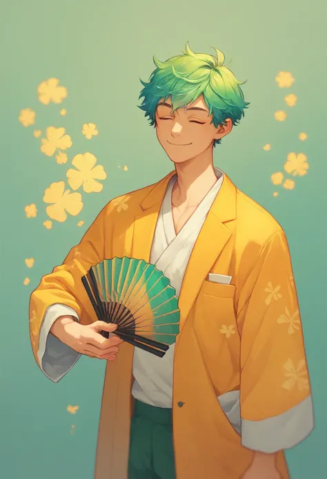 Closed eyes, Orange and yellow suit with a stiggered pattern, 3 colors of green gradient hair, Japanese man,smiling, Tragus,short hair, holding a fan in his hand