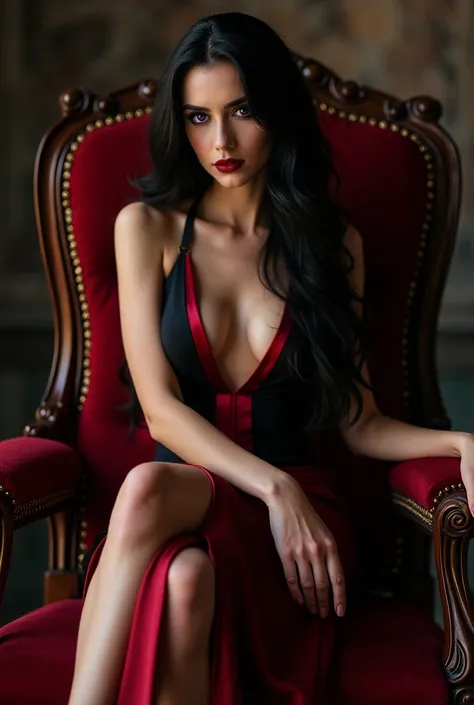 Beautiful black haired woman with (sparkling sapphire-purple eyes) and long hair (wearing an elegant red and black dress with a V-neckline and high slit on the leg) sitting on a plush chair in a medieval style room, bold late night photoshoot, sexy legs cr...