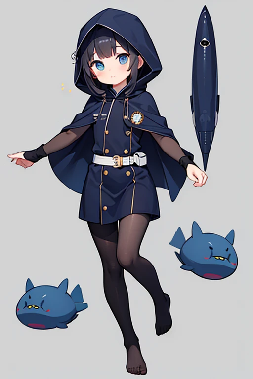 Female character personifying a submarine。long black hair and blue eyes 。dark navy colored uniform imitating the body of a submarine。black hooded cloak that emphasizes stealth。That uniform is in the shape of a suit that sticks tightly to the skin all the w...