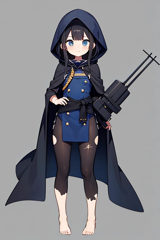 Female character personifying a submarine。long black hair and blue eyes 。dark navy colored uniform imitating the body of a submarine。black hooded cloak that emphasizes stealth。That uniform is in the shape of a suit that sticks tightly to the skin all the w...