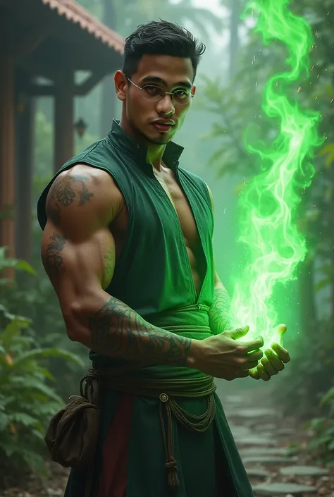 Strong dark brown skinned Malay man with square shaped face who is casting green fire magic. I want him to have short black hair, big light brown eyes, be very strong, I want him to be wearing traditional Malay clothing, sleeveless shirt and sleeve tattoos...