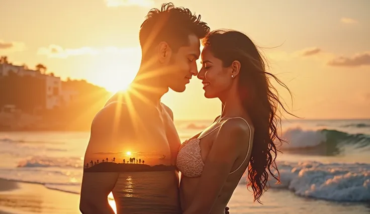 un joli couple latin tres sexy en vacance a la plages,des vagues,le soleil,Une belle double exposition qui combine une silhouette de déesse avec une côte au coucher du soleil, la côte au coucher du soleil servant de toile de fond sous-jacente, avec ses dét...