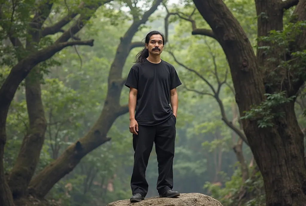 realistic photo of an Asian young man, with a mustache, long hair in a ponytail, wearing a black t-shirt, black trousers. standing on a large rock, surrounded by trees.