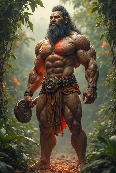 hanuman body builder  with circle gada  in garden with in body red current crack light glow 