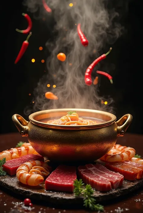 On a black background，Golden line hot pot emits red steam，around floating peppers with Wagyu beef and shrimp seafood