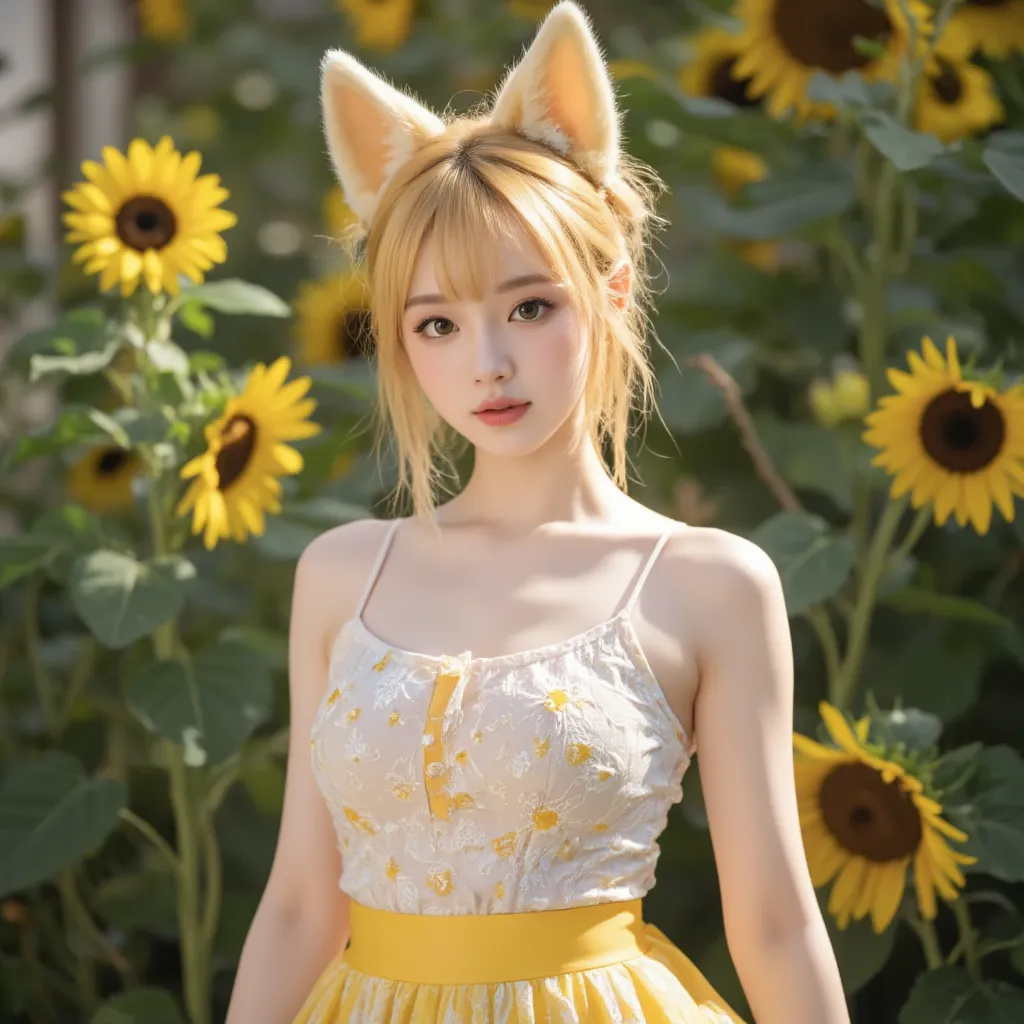    high resolution    ,    Highlights  , 亚洲    girl，    girl， unique ， Yellow Hair ，    short hair，      yellow pupils     ，Hair dripping     ，Wet hair，    blush，Yellow dog ears    ， Drop ears朵 ，Dog Tail ，绒毛Dog Tail，Drop ears ，微胖的   girl, sunflower，residen...