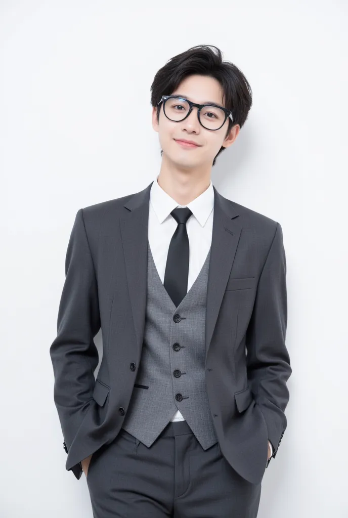 A high-resolution (4k) photography of a young Asian man with a mischievous yet charming face. He is around 20 years old, with short black hair and fair skin. He is wearing oversized, nerdy glasses and a well-fitted suit with a tie. He has a slight smirk on...