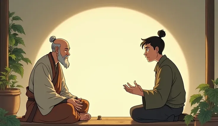 An animated image of the old zen master listening to the young man as he complained, his face calm and serene.