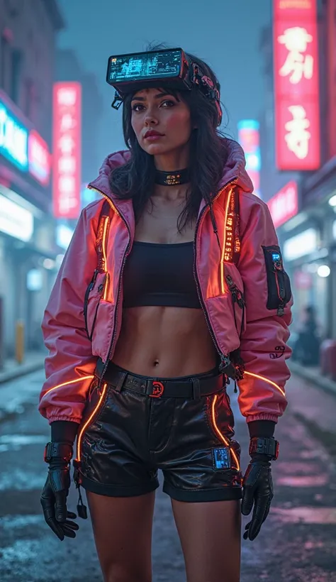 a beautiful woman,  slender and well-proportioned .,  A colorful electronic short jacket .,  Clothing with luminous organs that shine with an electronic circuit pattern.,  Glasses showing a frameless user interface ,  gaming-style helmet ,  and gaming-styl...